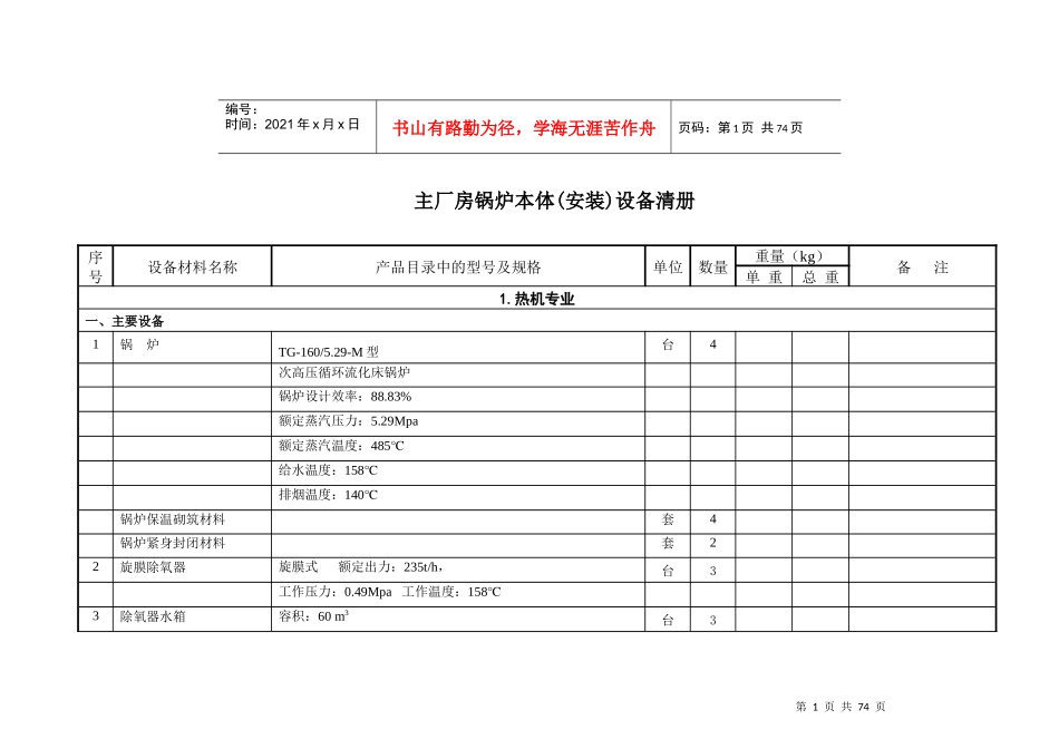 主厂房锅炉本体(安装)设备清册_第1页