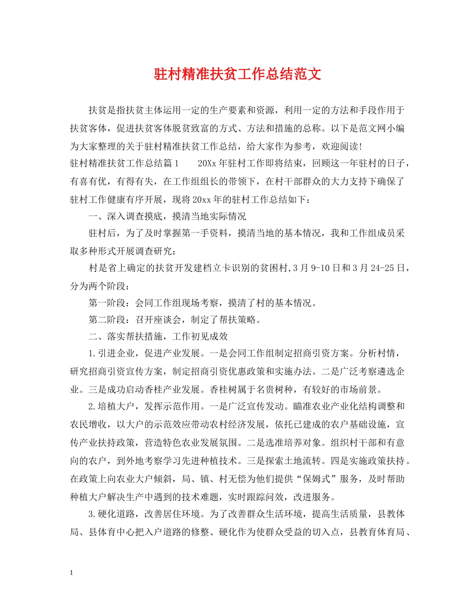 驻村精准扶贫工作总结范文 _第1页