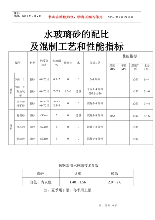 水玻璃砂的配比及混制工艺和性能指标表格