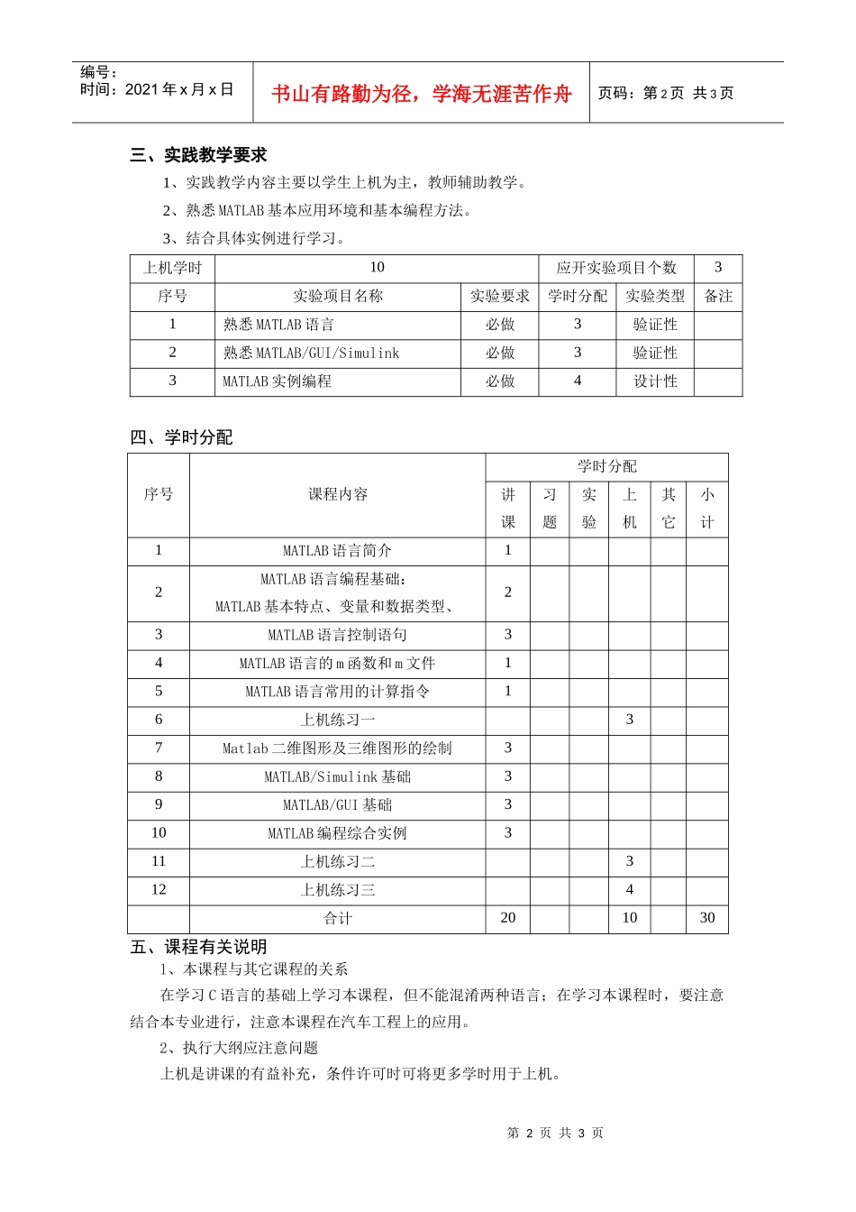 汽车数字技术-MATLAB及其应用教学大纲_第2页