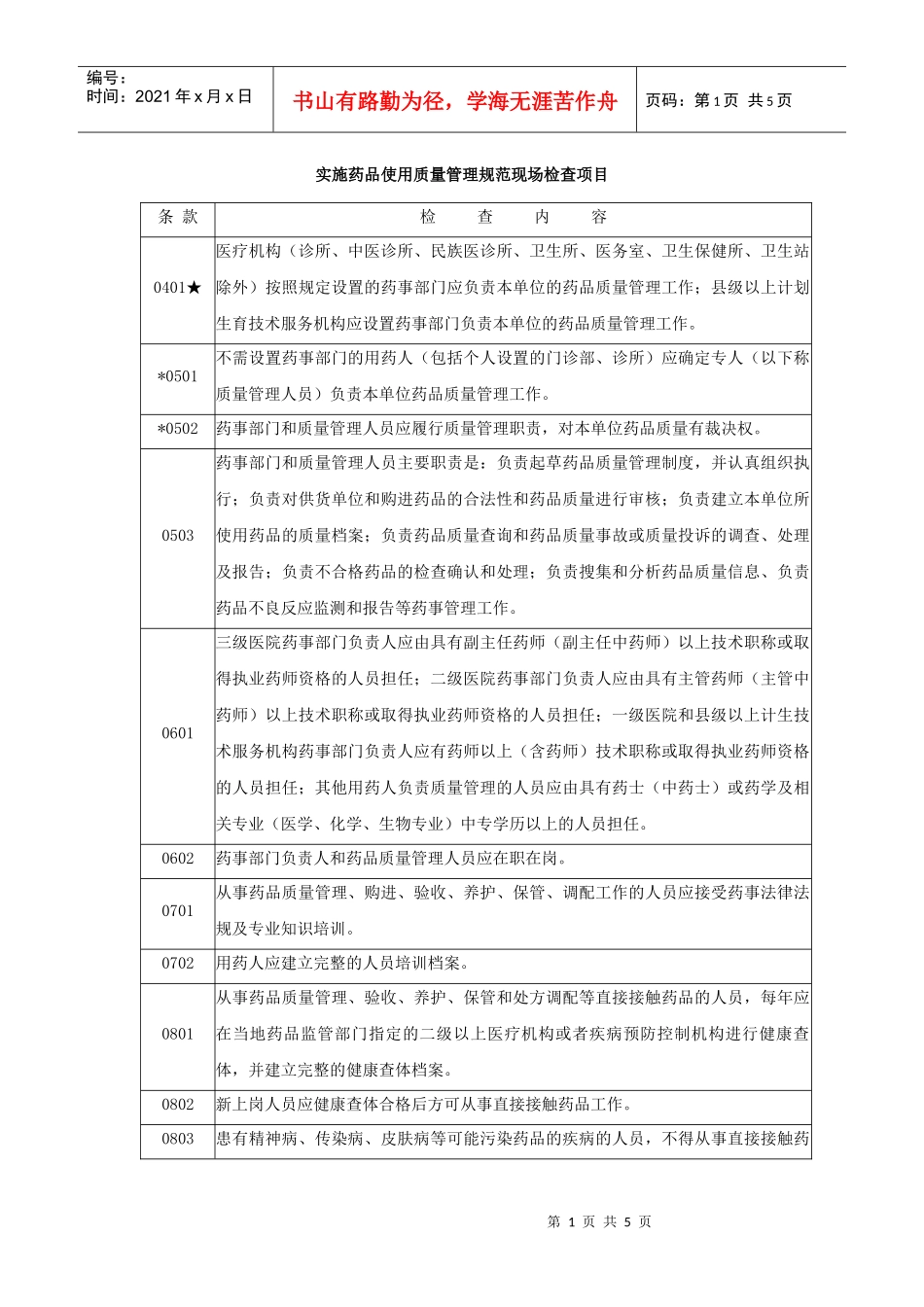 实施药品使用质量管理规范现场检查项目_第1页