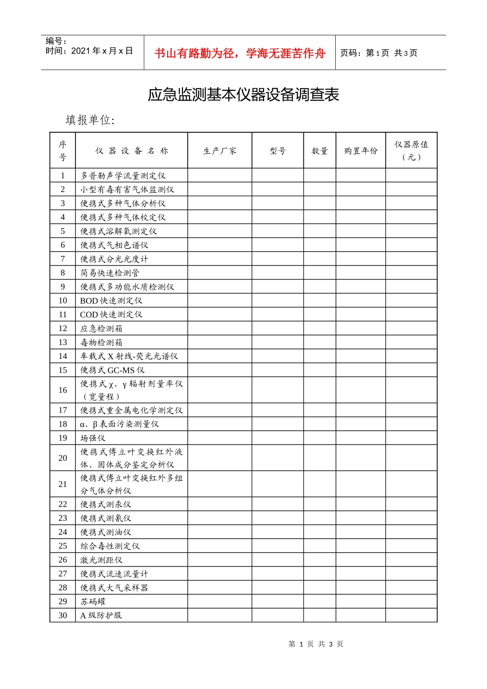 应急监测基本仪器设备调查表_第1页