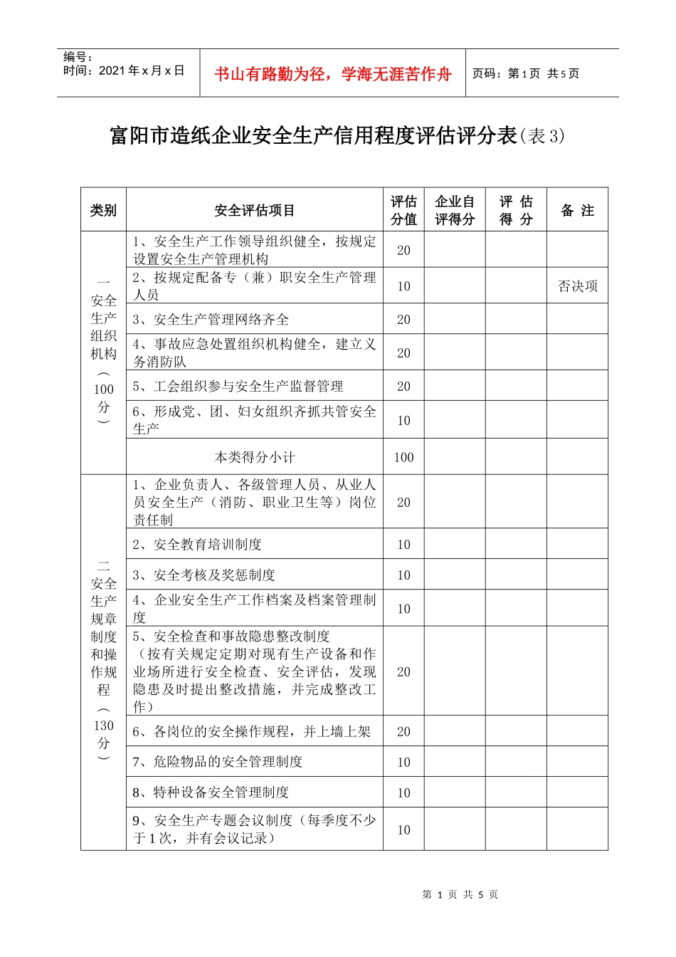 富阳市造纸企业安全生产信用程度评估评分表(表3)_第1页