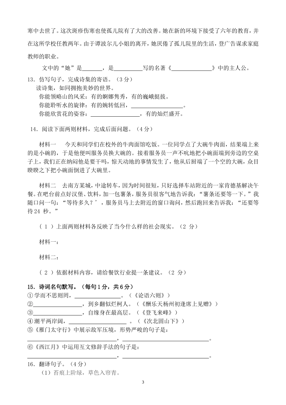 学年度九年级语文中考模拟题（一）_第3页