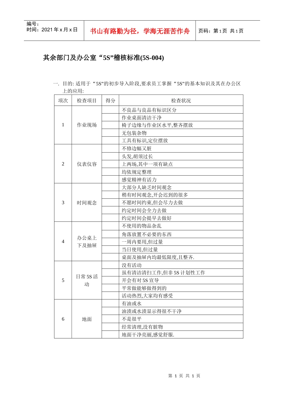 其余部门及办公室“5S”稽核标准_第1页