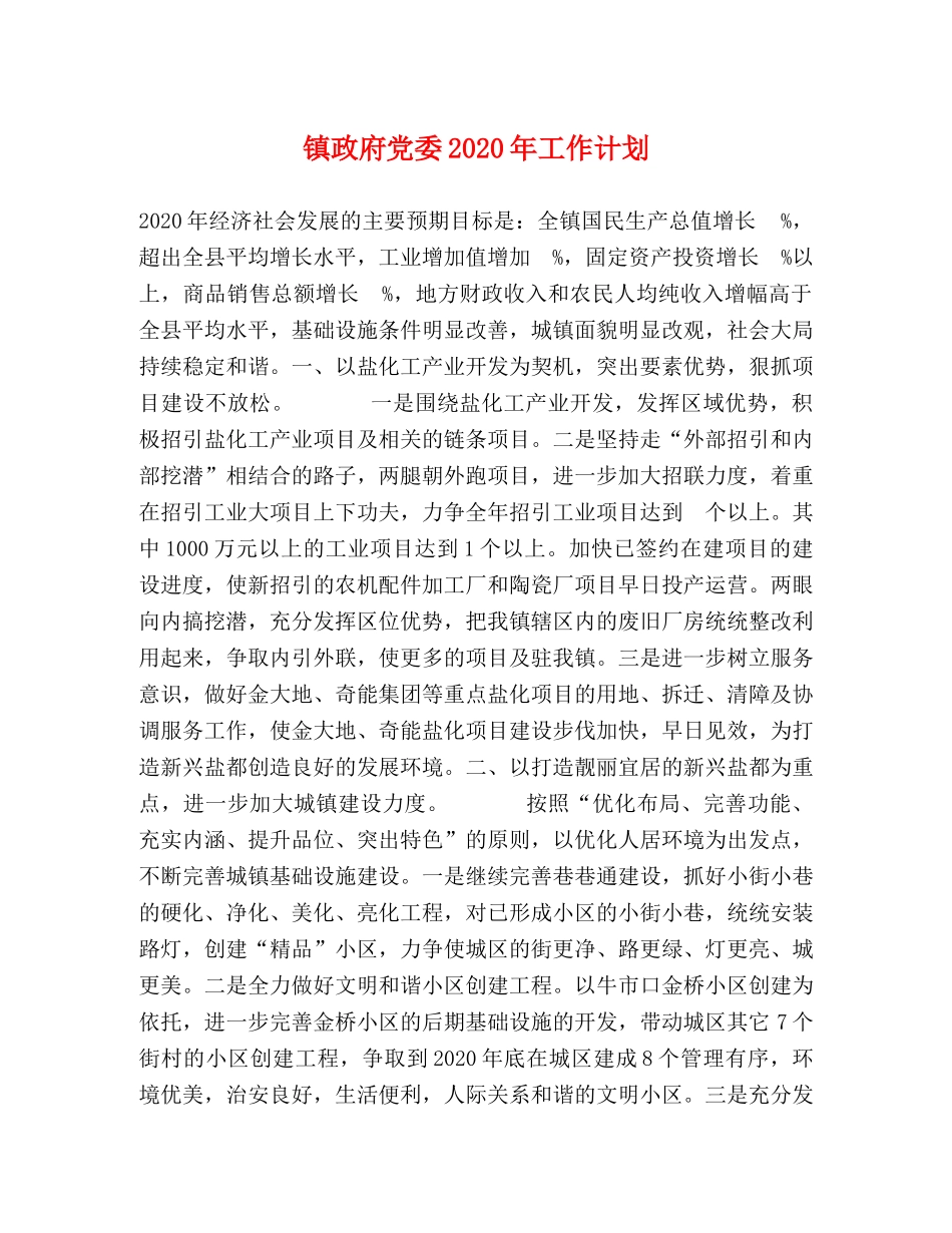 镇政府党委2020年工作计划 _第1页