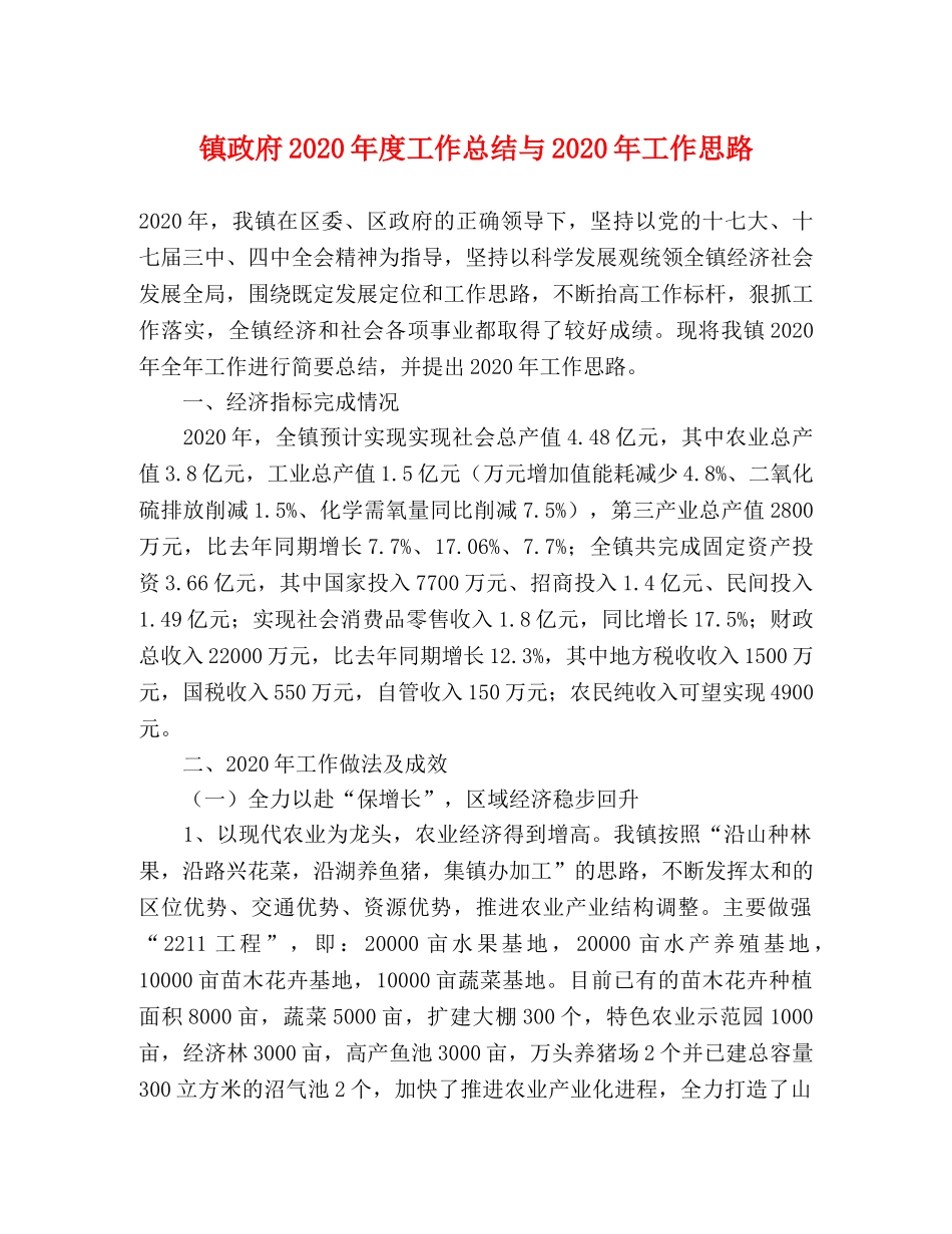 镇政府2020年度工作总结与2020年工作思路 _第1页
