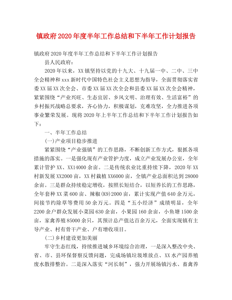 镇政府2020年度半年工作总结和下半年工作计划报告 _第1页