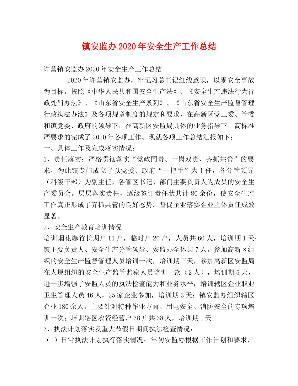 镇安监办2020年安全生产工作总结 _第1页