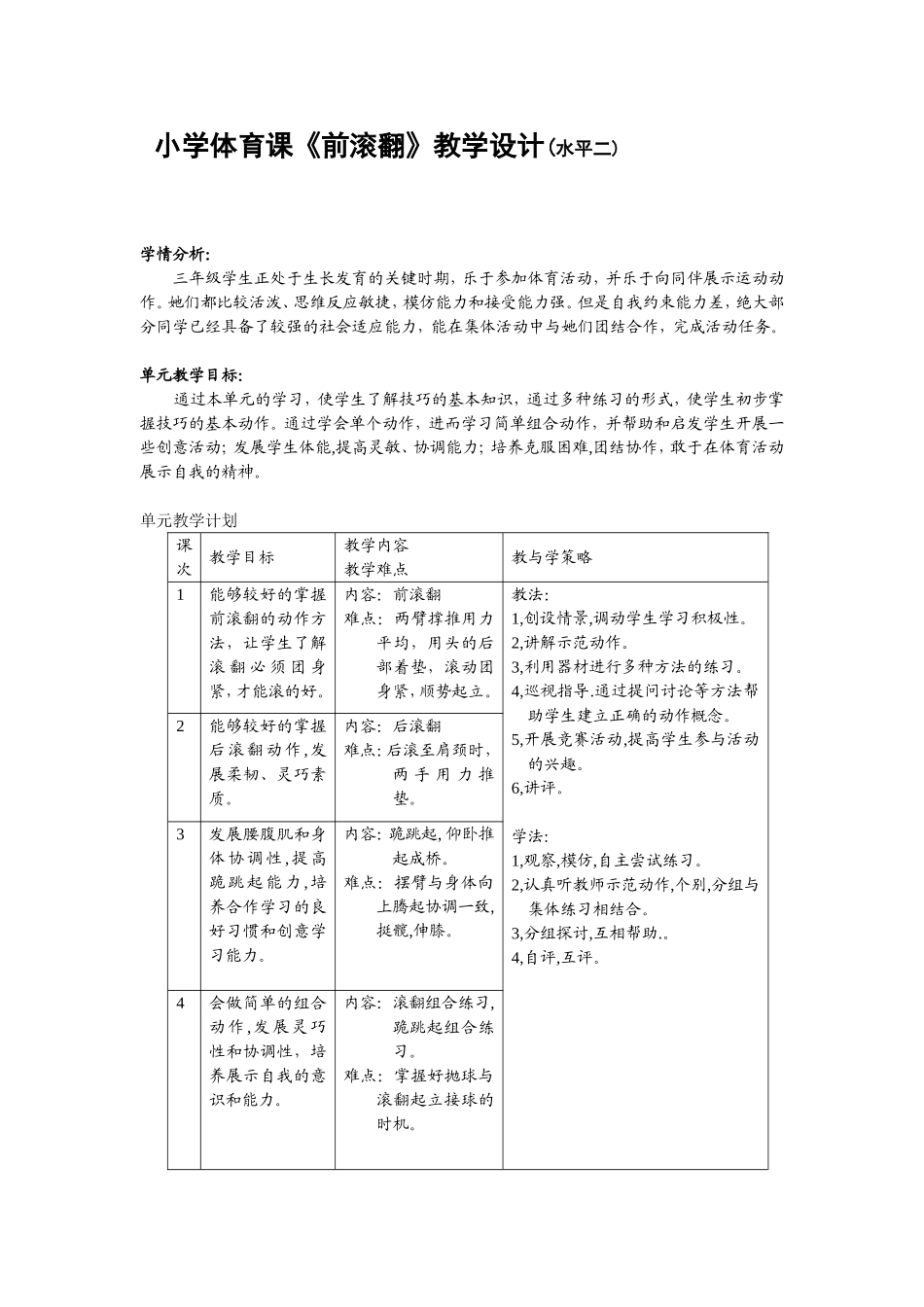 小学体育课前滚翻教学设计(水平二)_第1页