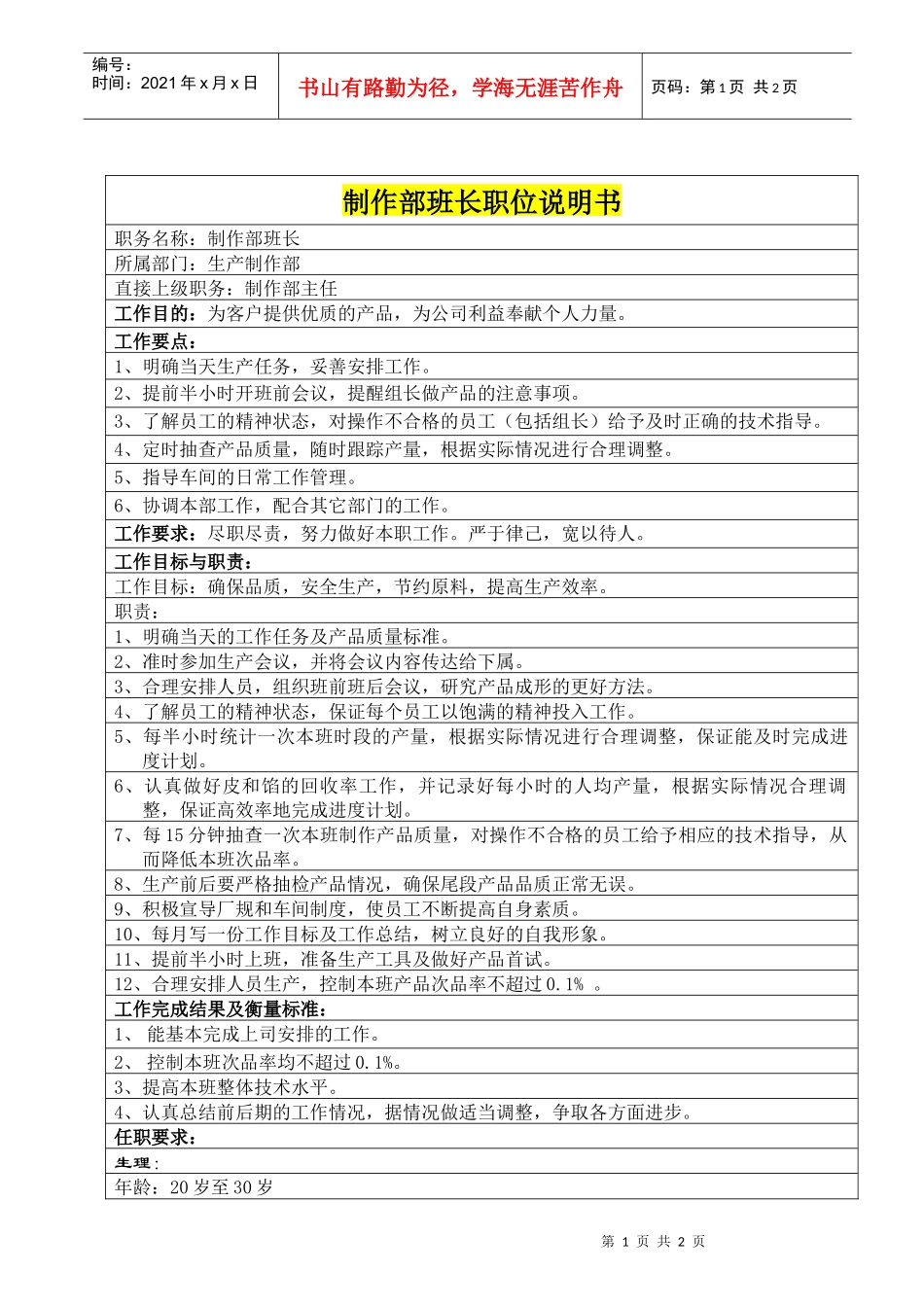 制作部班长职位说明书_第1页