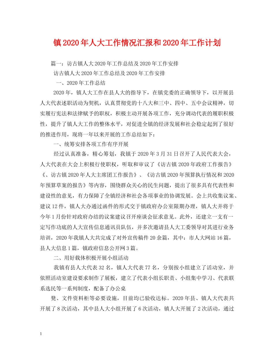 镇2020年人大工作情况汇报和2020年工作计划 _第1页