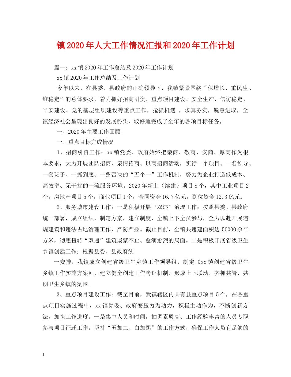 镇2020年人大工作情况汇报和2020年工作计划(1) _第1页
