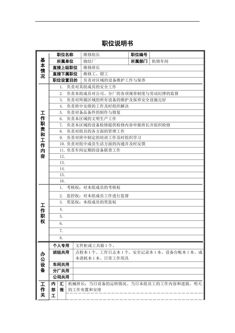 烧结厂维修组长岗位说明书_第1页