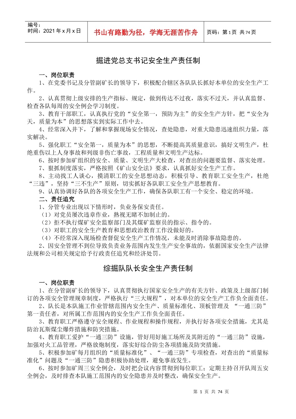 煤矿掘进区队安全生产责任制_第1页