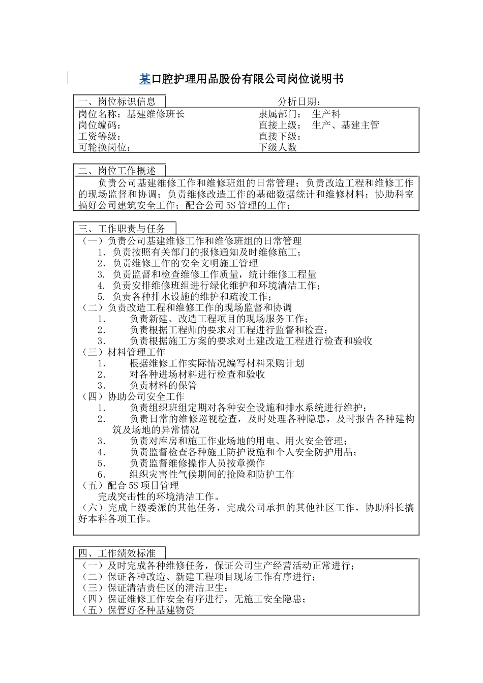 基建维修班长岗位说明书_第1页