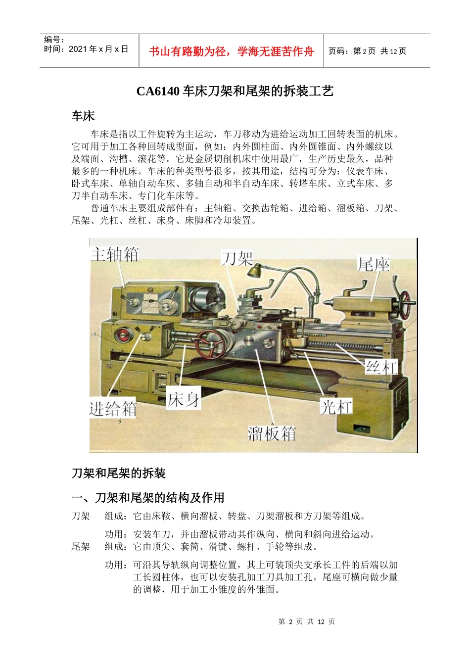 车床刀架和尾架的拆装工艺和实训报告_第2页