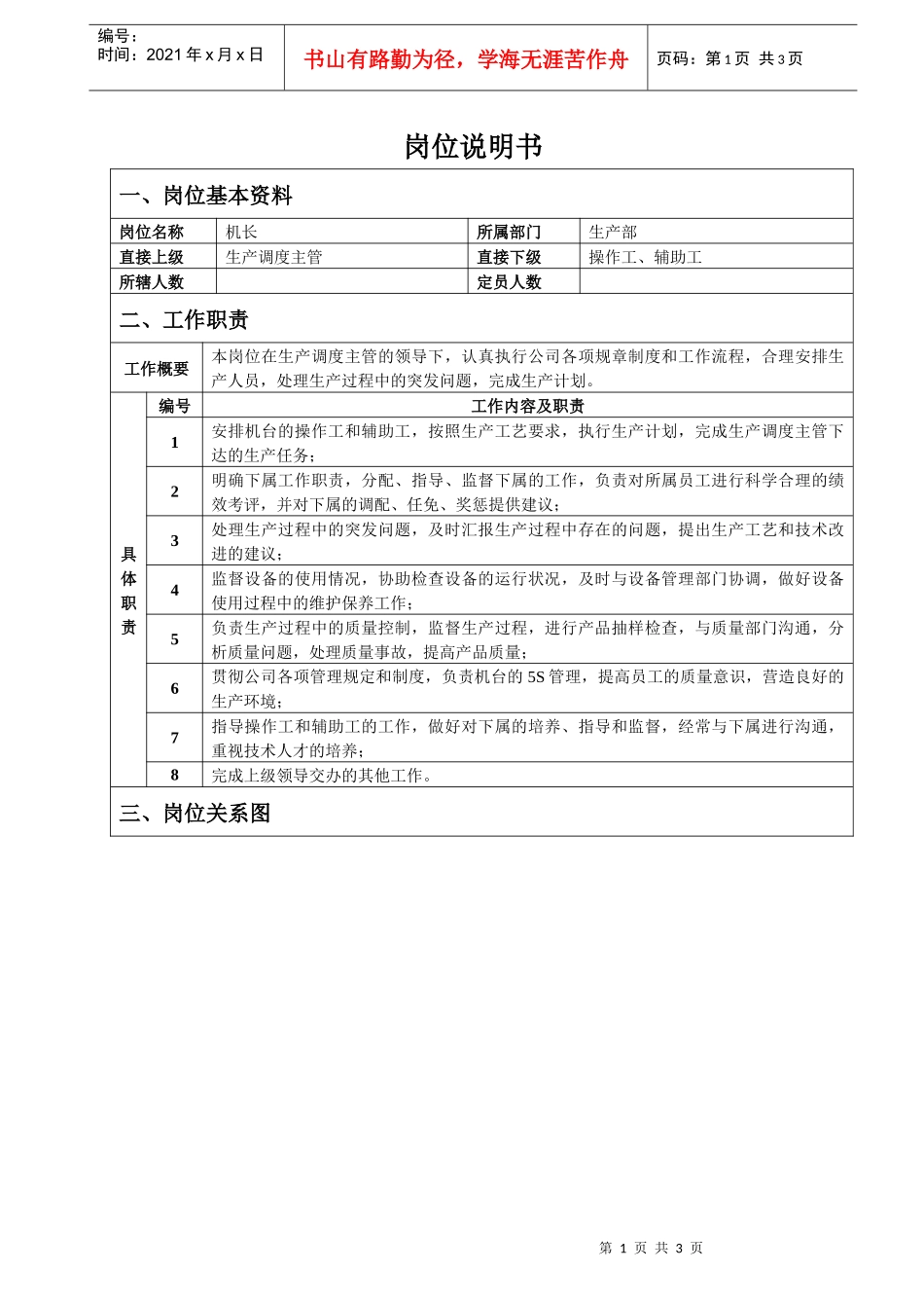 车间机台长岗位说明书_第1页