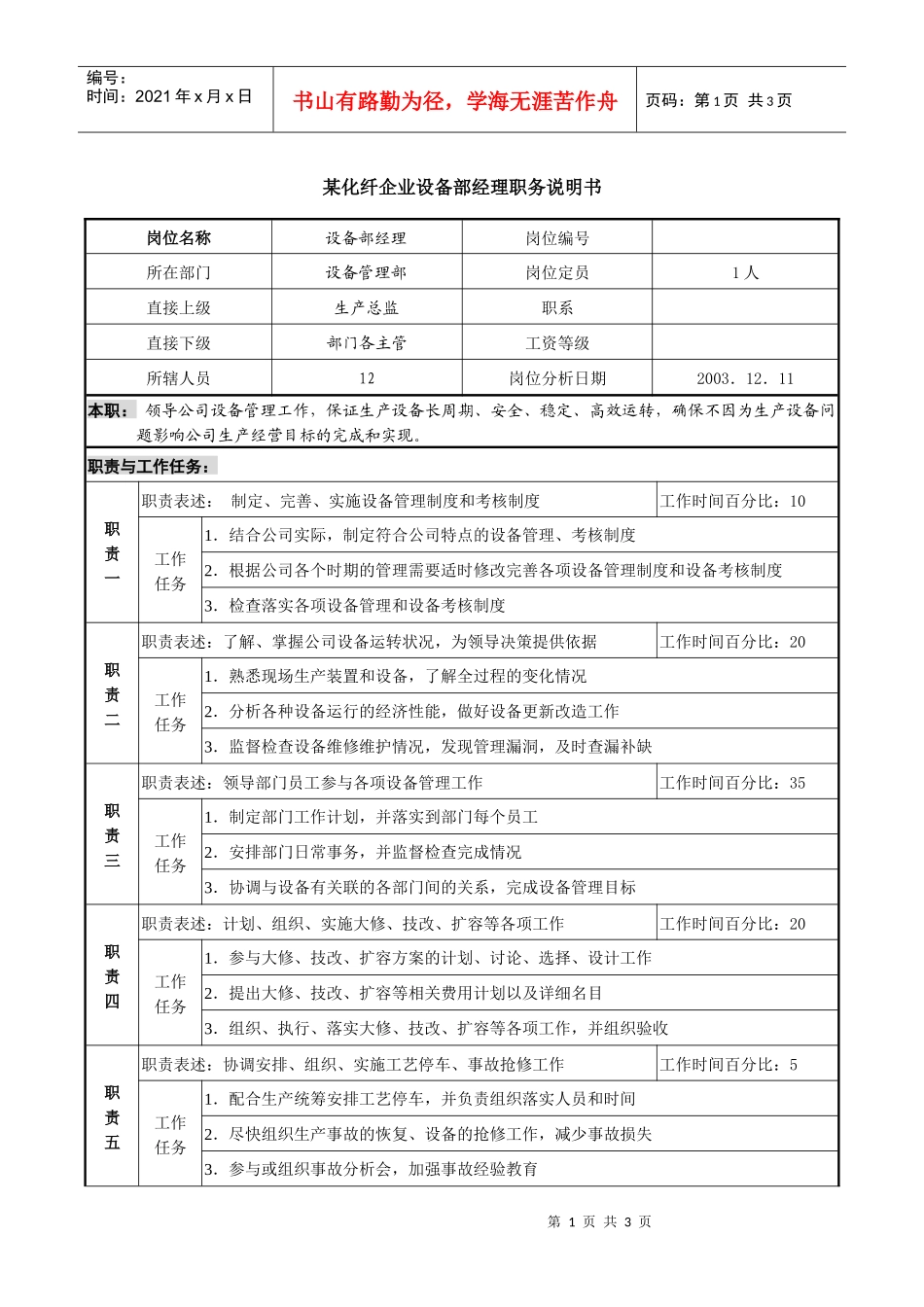 某化纤企业设备部经理职务说明书_第1页