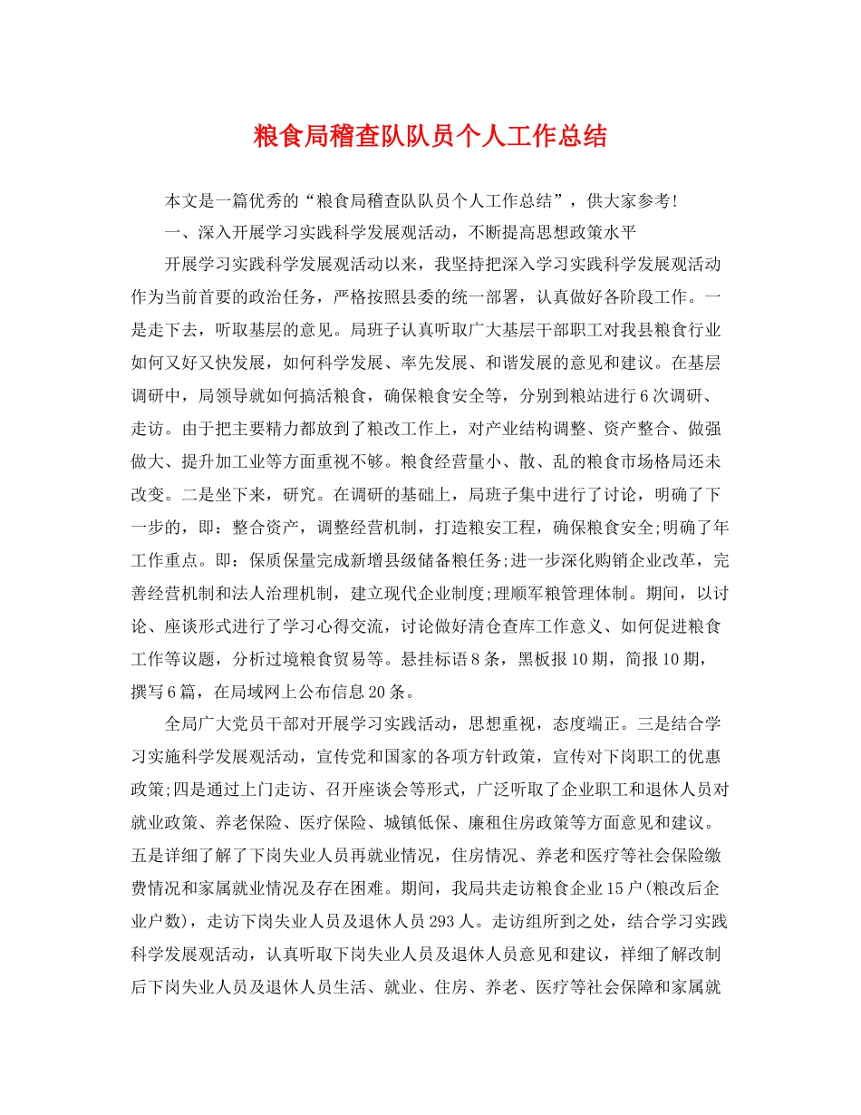 粮食局稽查队队员个人工作总结 _第1页