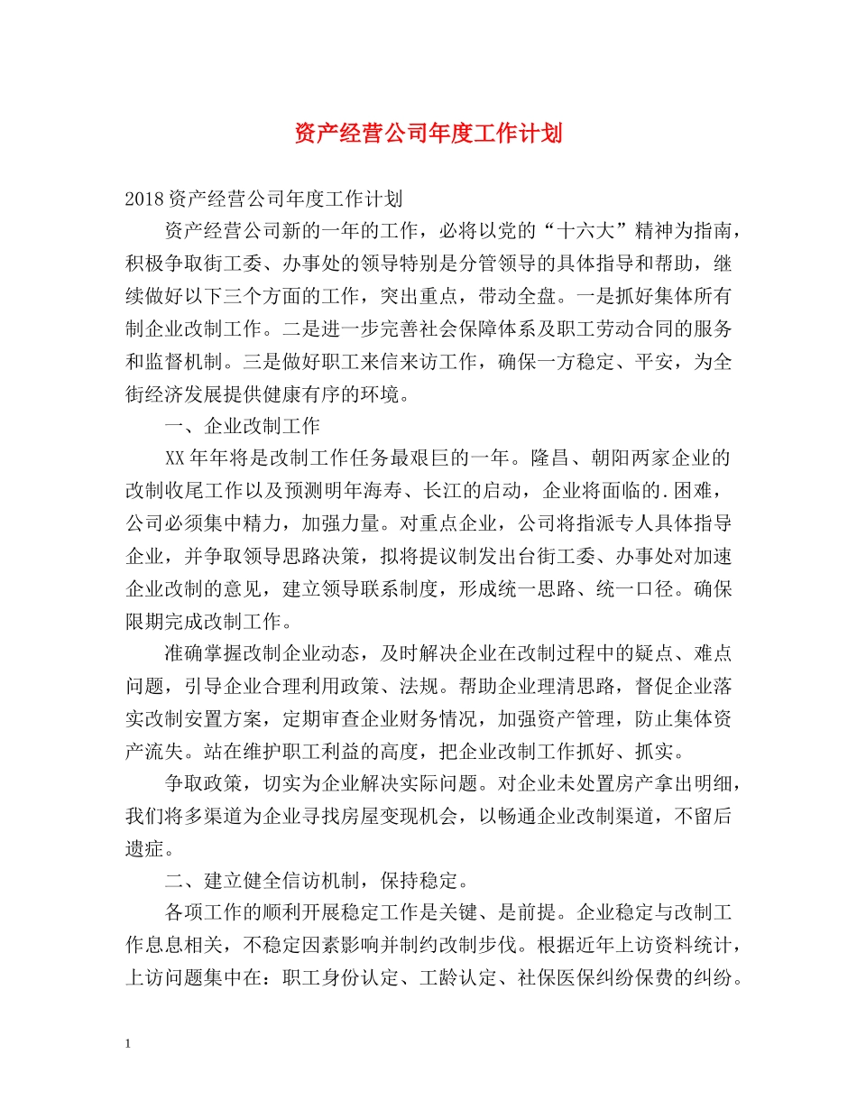 资产经营公司年度工作计划 _第1页
