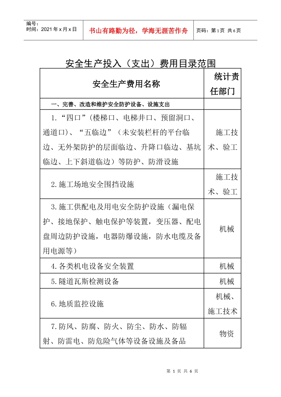 安全生产投入(支出)费用目录范围_第1页