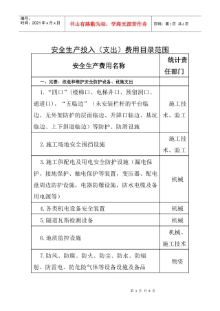 安全生产投入(支出)费用目录范围