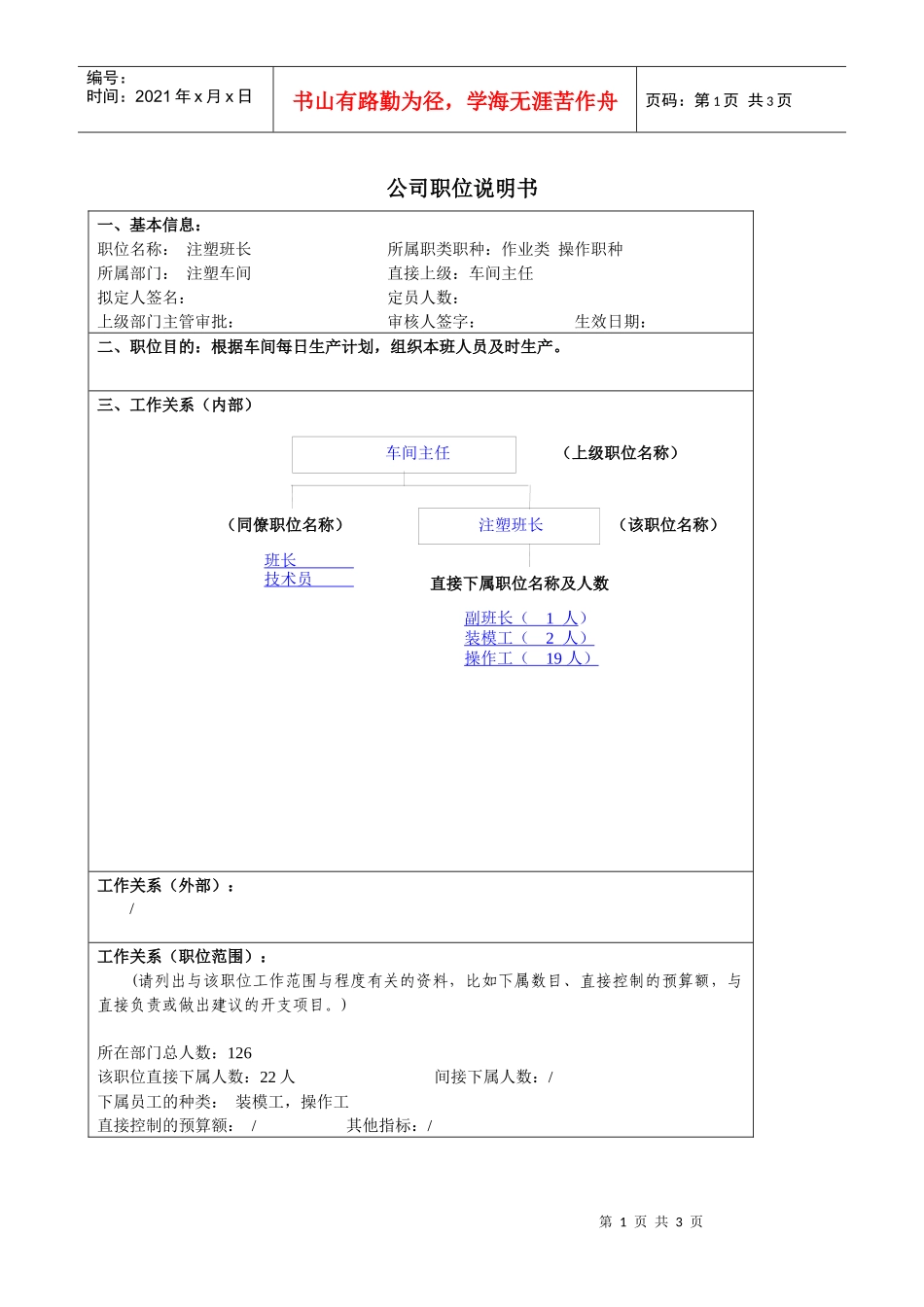 某大型汽车零部件公司注塑班长职位说明书_第1页