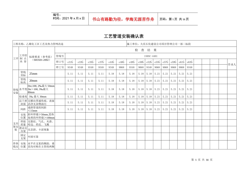 工艺管道安装确认表_第1页