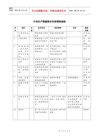 计划生产部副部长任务绩效指标