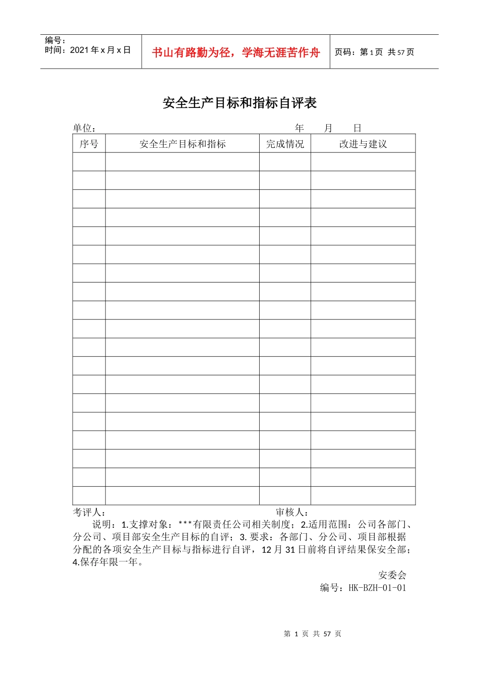 安全生产目标和指标自评表_第1页