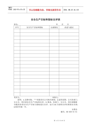 安全生产目标和指标自评表