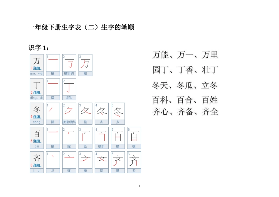 人教版一年级下册生字表(二)字的笔顺和组词_第1页