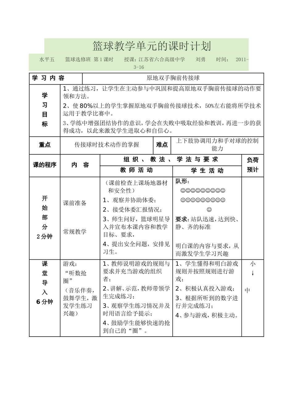 篮球教学单元的课时计划_第1页
