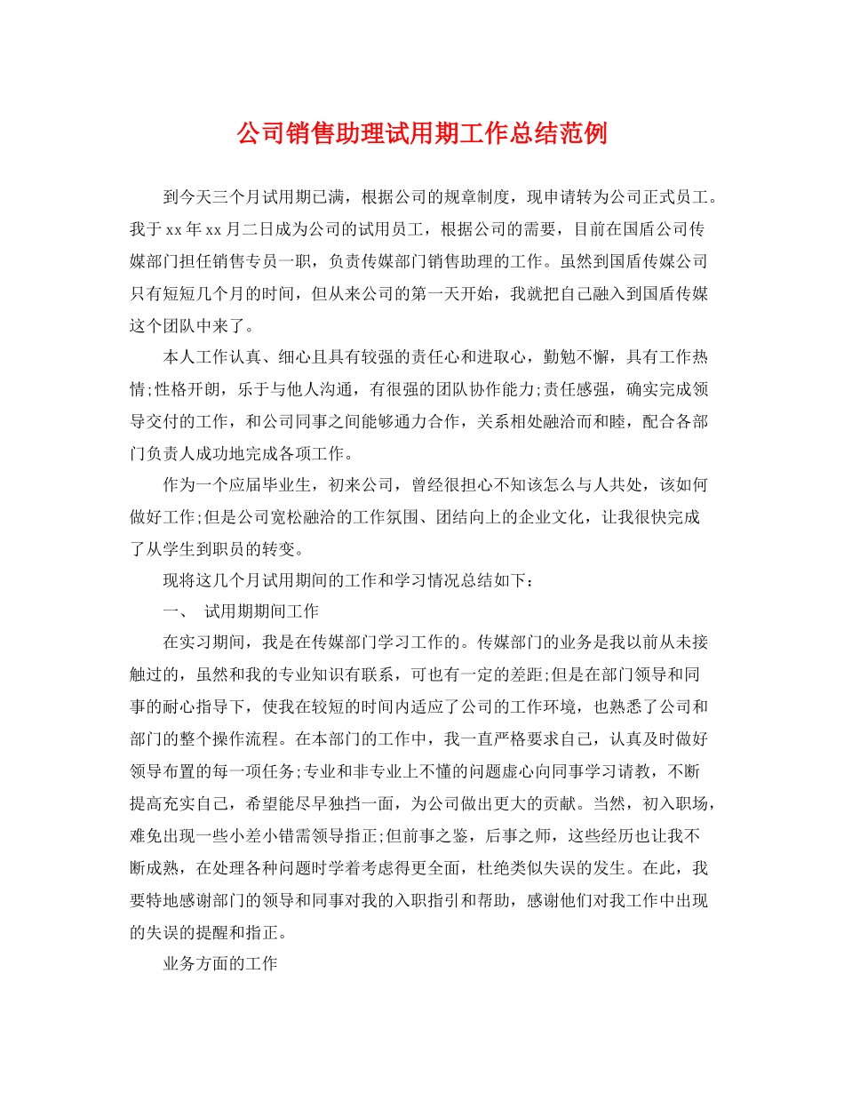 公司销售助理试用期工作总结范例 _第1页