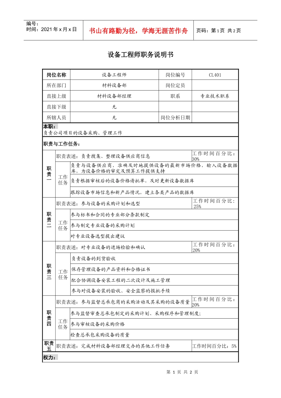 某地产企业设备工程师岗位说明书_第1页