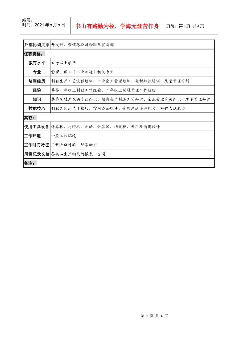 制鞋企业生产管理部计划调度科经理岗位说明书_第3页