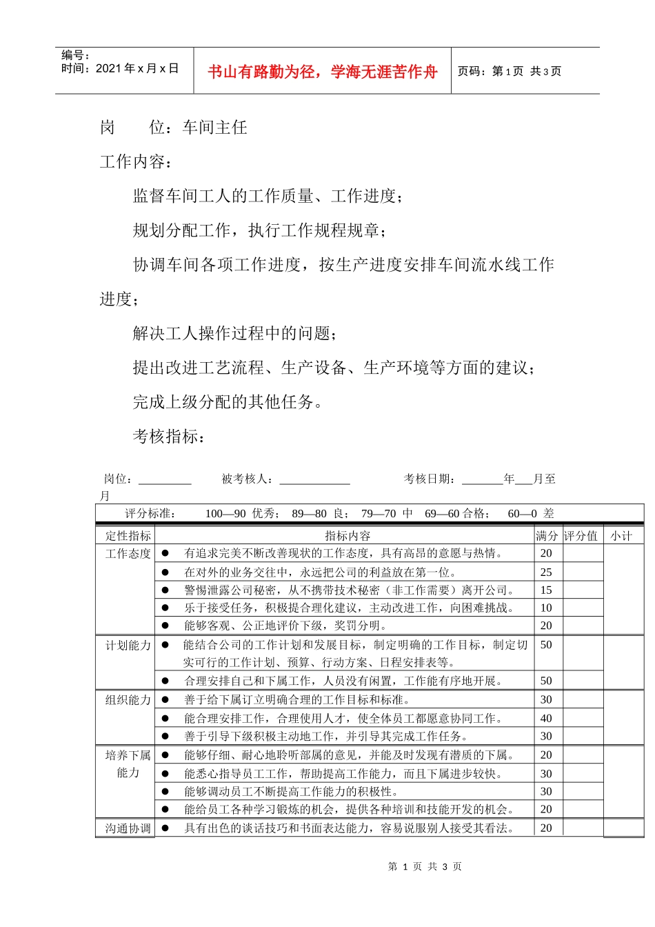 岗位工作内容和年度定性考核指-车间主任_第1页