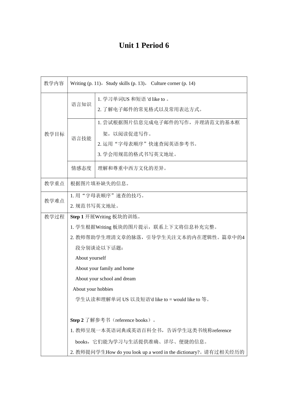 七年级上Unit1Writing教学设计_第1页