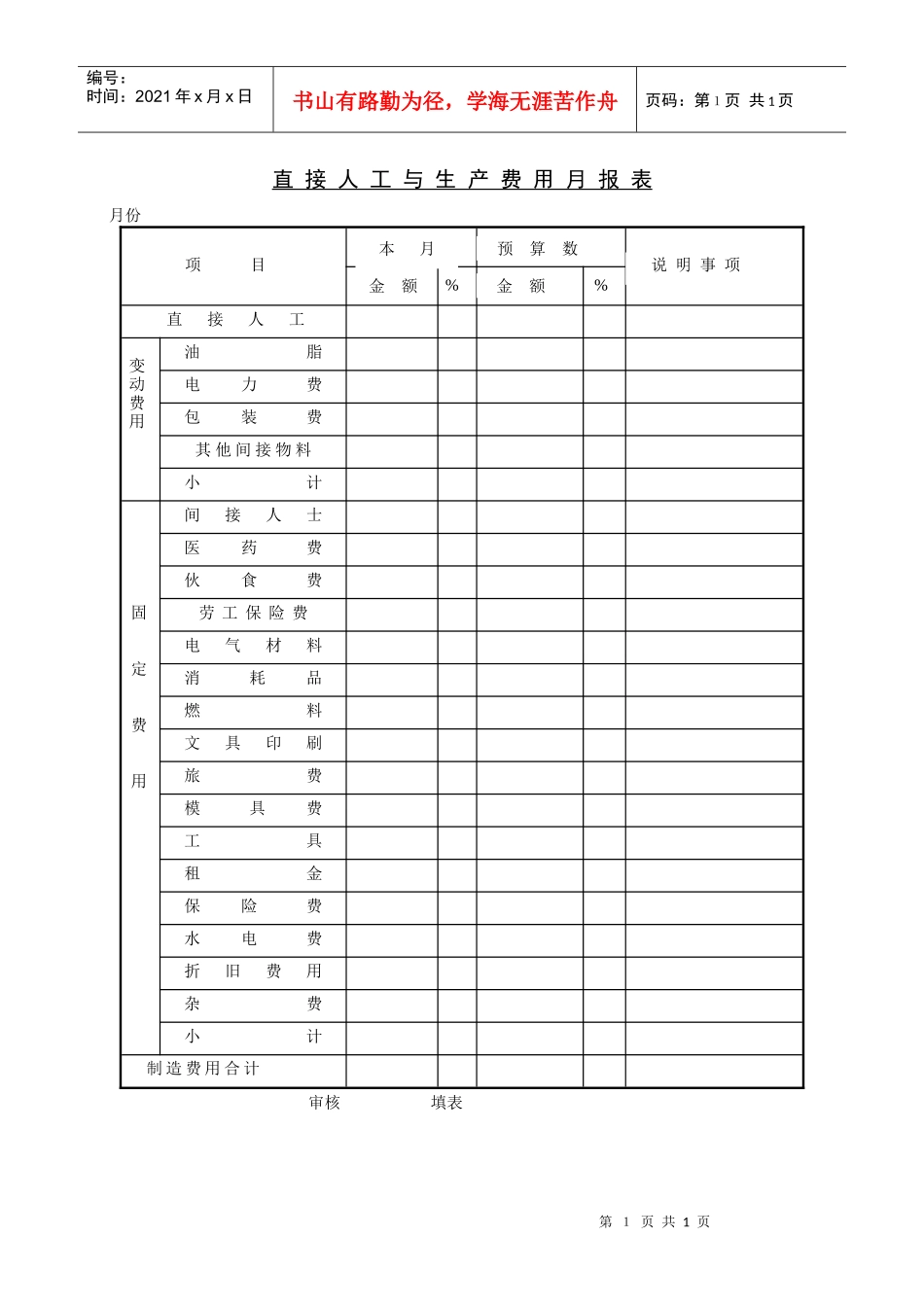 直接人工与生产费用月报表_第1页