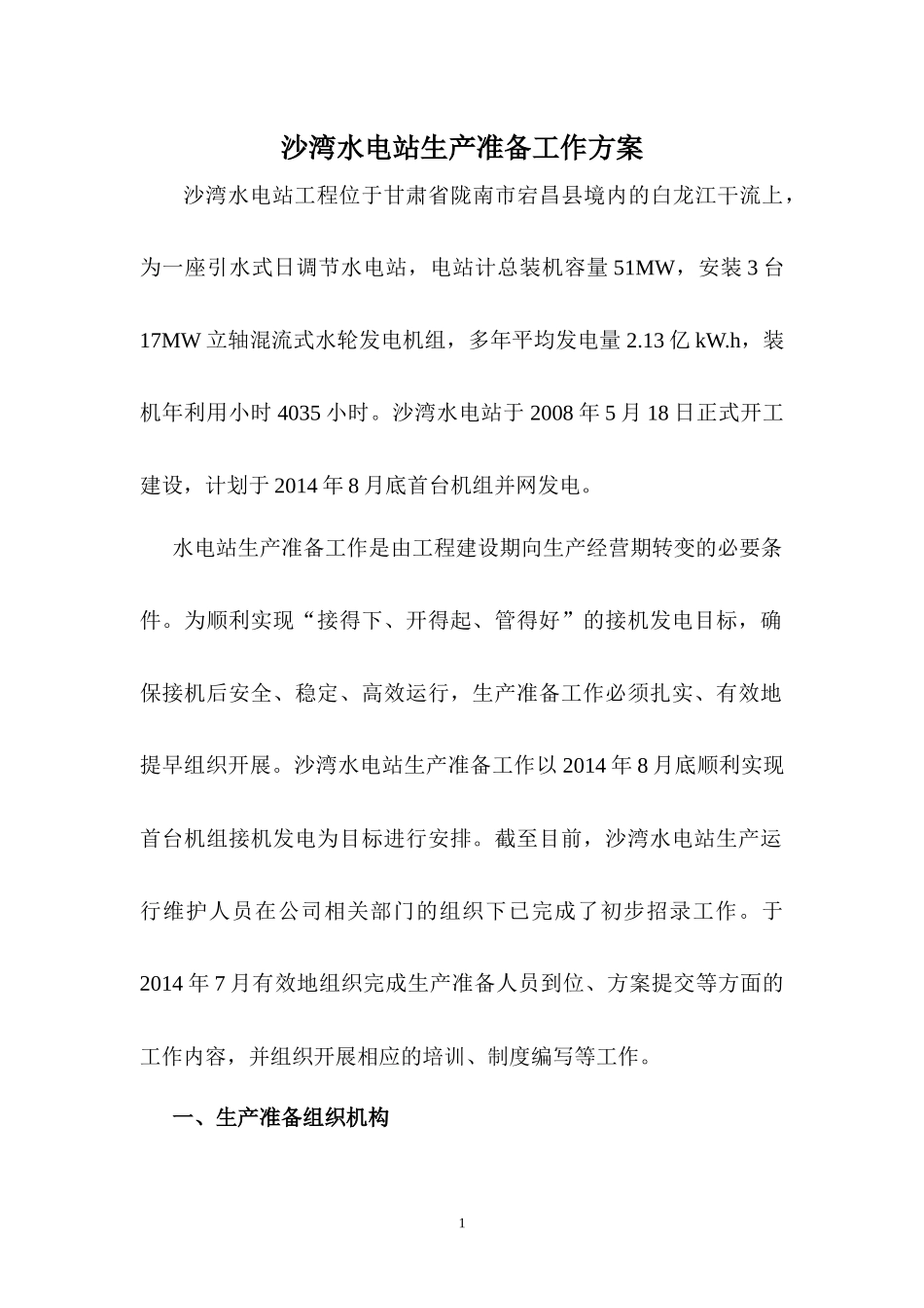某水电站生产准备工作方案_第1页