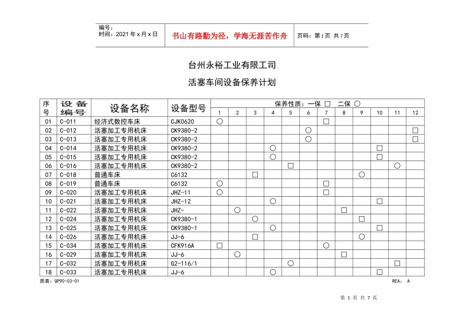 活塞车间设备保养计划_第1页
