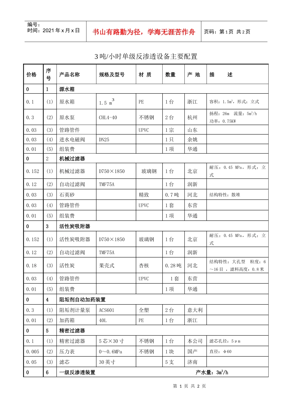 3吨小时单级反渗透设备主要配置_第1页