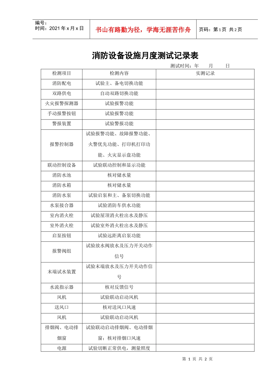 12、消防设备设施月度测试记录表_第1页