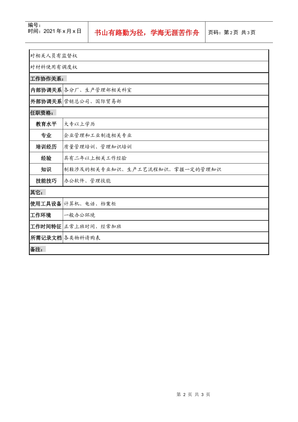 制鞋企业生产管理部计划及物料请购员岗位说明书._第2页