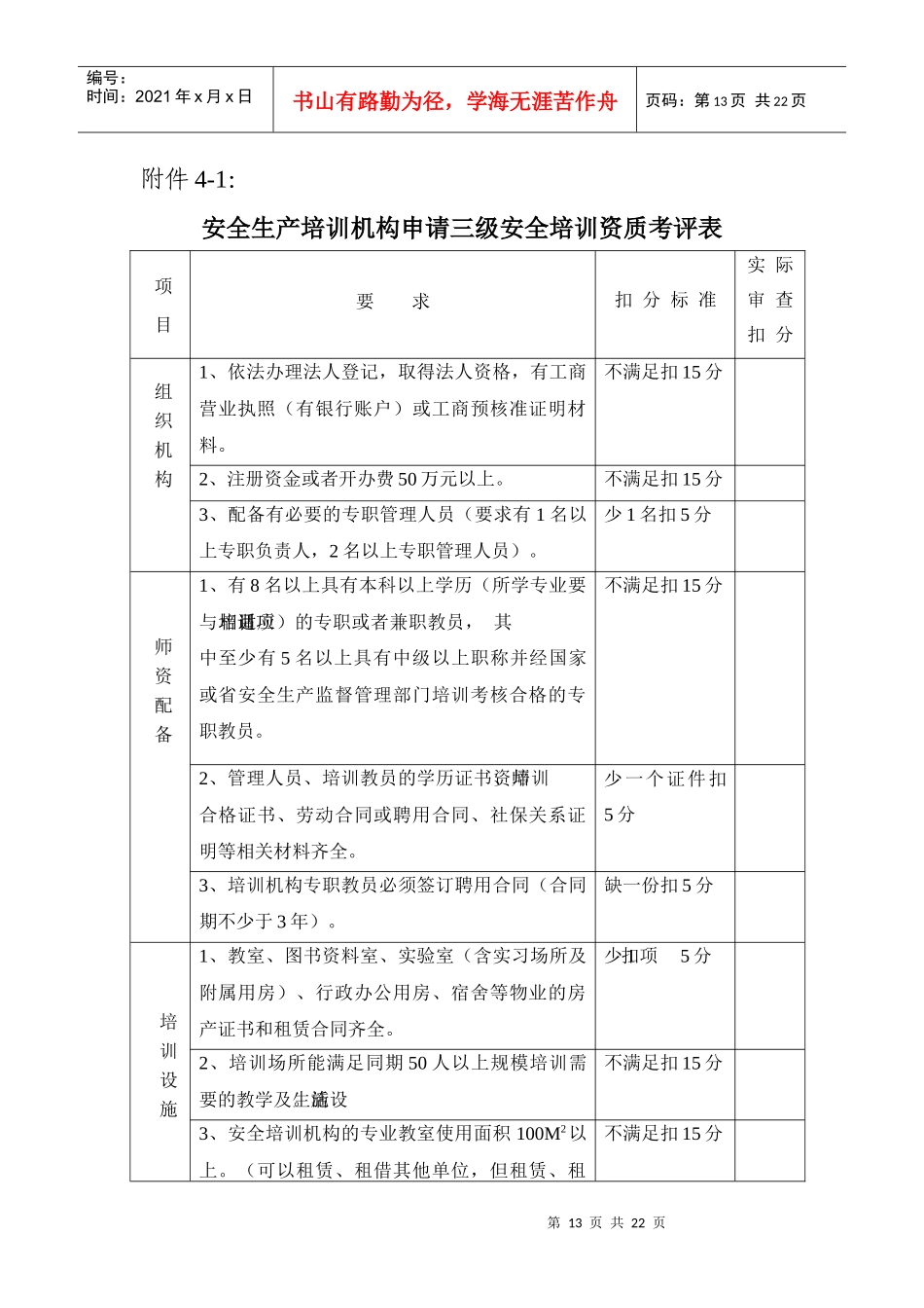 安全生产培训机构申请三级安全培训资质考评表_第1页
