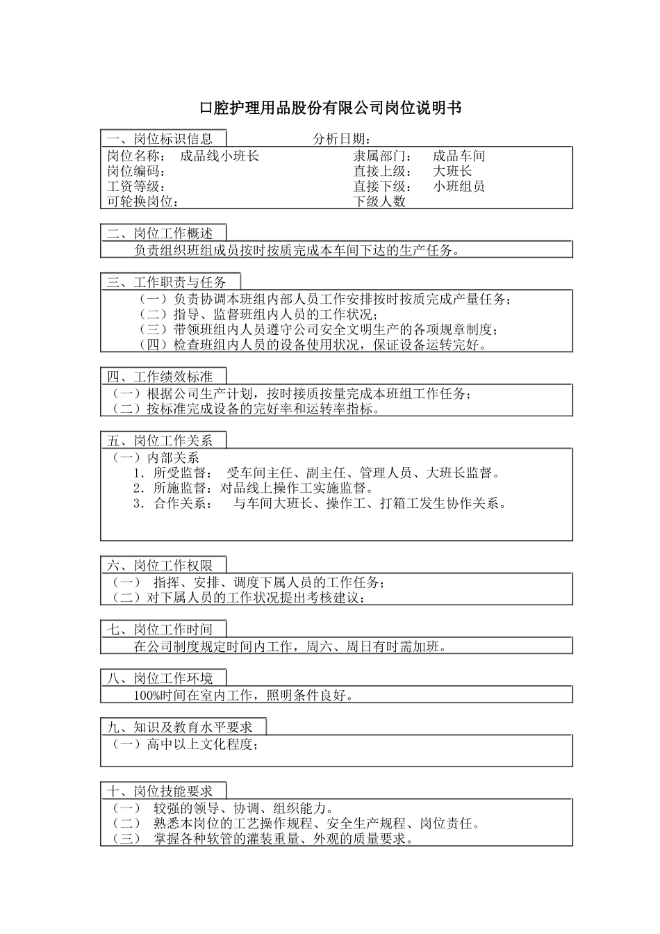 成品线小班长岗位说明书_第1页