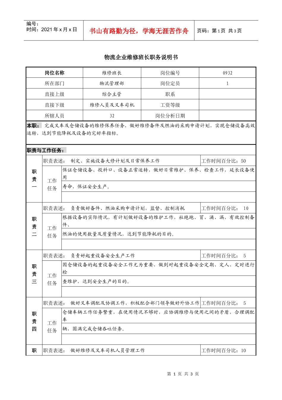 物流企业维修班长职务说明书_第1页
