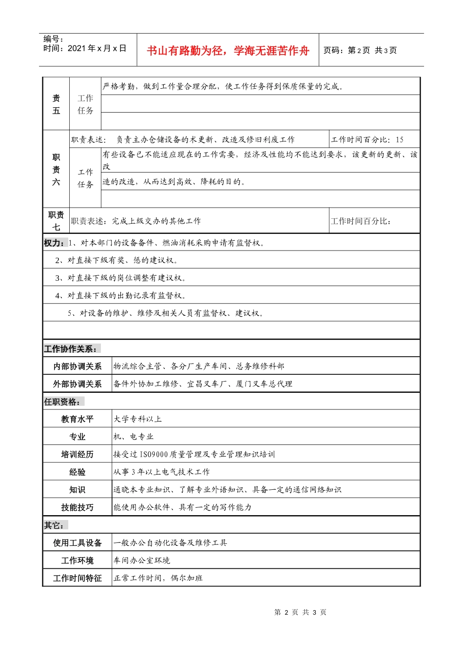 物流企业维修班长职务说明书_第2页