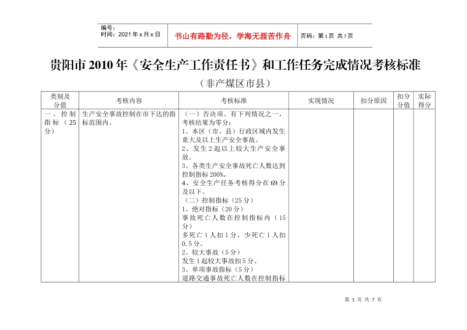 贵阳市XXXX年《安全生产工作责任书》和工作任务完成情况考核标准(非_第1页
